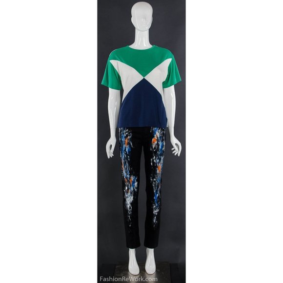 80's COLOR BLOCK Triangular T-Shirt Geometric Green Navy White Tee Small Medium - Picture 2 of 6